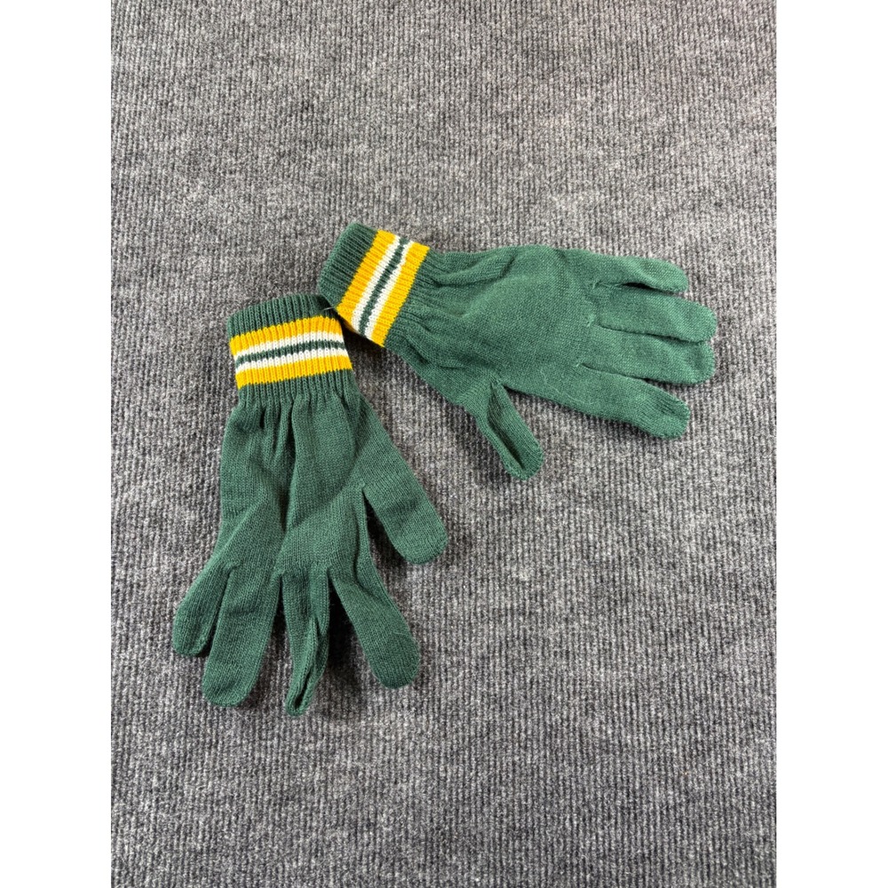 Vintage Green‎ Knit Gloves Yellow White Striped Ribbed Cuff Acrylic Sporty Retro